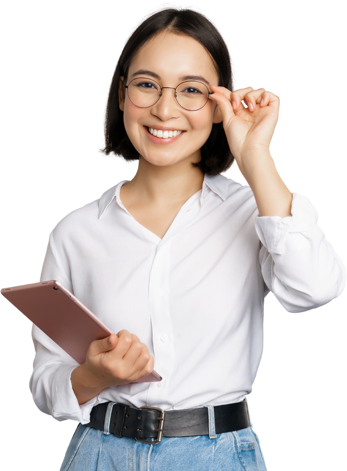 Smiling Woman in Eyeglasses Holding a Tablet